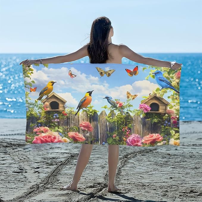 Butterfly Garden Bird Cabin Beach Towel, Large Microfiber Quick Dry Lightweight Pool Bath Towels Sand Free Beach Blanket for Summer Cruise Yoga Camping Travel Vacation Essentials 31 x 61 in