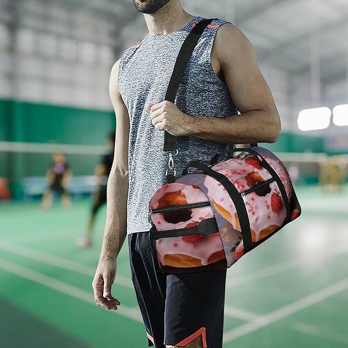 Strawberry Donut Gym Bag Lightweight ，Travel Duffle Bag with Shoe Compartment，Gym Bag for Women for Overnight, Weekend, Yoga, Gym, Business Trips, Sport And Hospital.