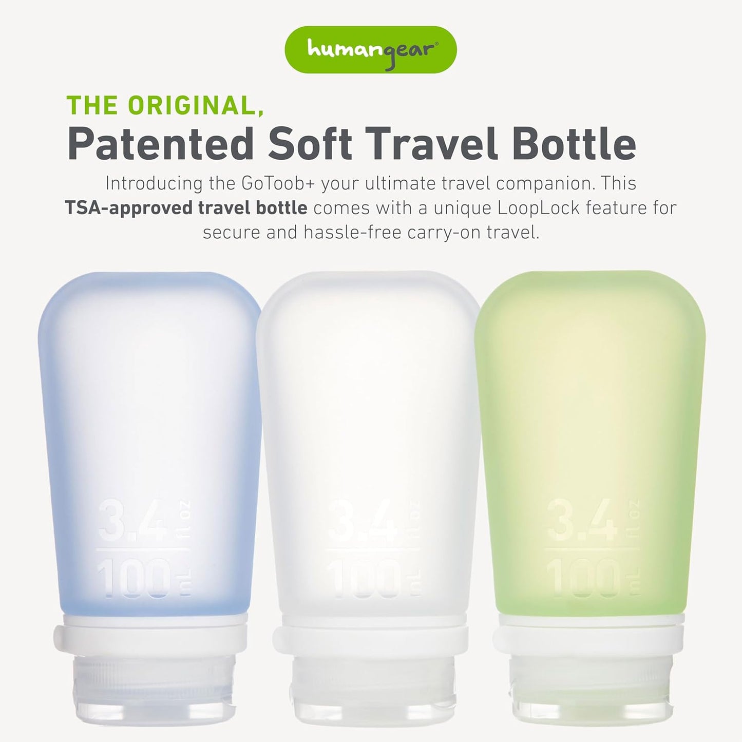 humangear GoToob+ 3-Pack (Large) | Refillable Silicone Travel Bottle | Locking Lid | Food-Safe Material, Clear/Green/Blue, Large (3.4 fl.oz.; 100ml)