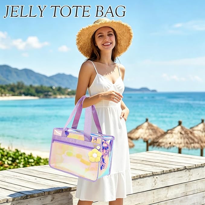 Fammart Iridescent Clear Beach Bags Waterproof Sandproof for Women, Large Jelly Tote Zipper Pool Bag Cruise Essentials 2026