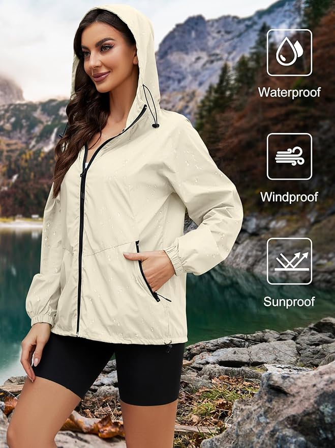 Packable Rain Jacket Women Waterproof Lightweight Jacket With Hood Womens Windbreaker Jacket S-XXL