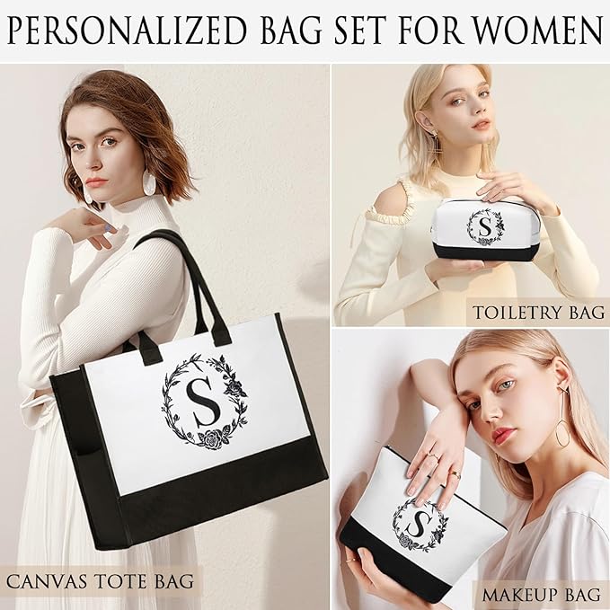 Personalized Gifts for Women, Initial Canvas Tote Bag & Makeup Bag Monogrammed Beach Tote Bags for Women w/Zipper, Easter Gift Bags Mothers Day Birthday Gifts for Mom Her Sister Best Friend Teacher