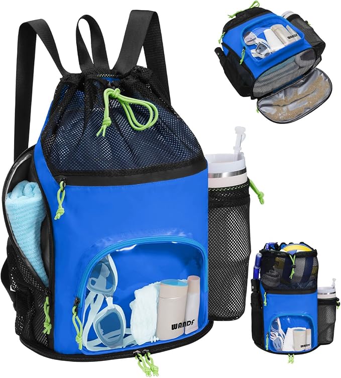 WANDF Swim Bag with Wet Pockets, Sandproof Beach Backpack with 40oz Tumbler Side Pockets, Mesh Drawstring Backpack Swim Bag for Swimming, Pool, Gym and Workout Gear (Blue)