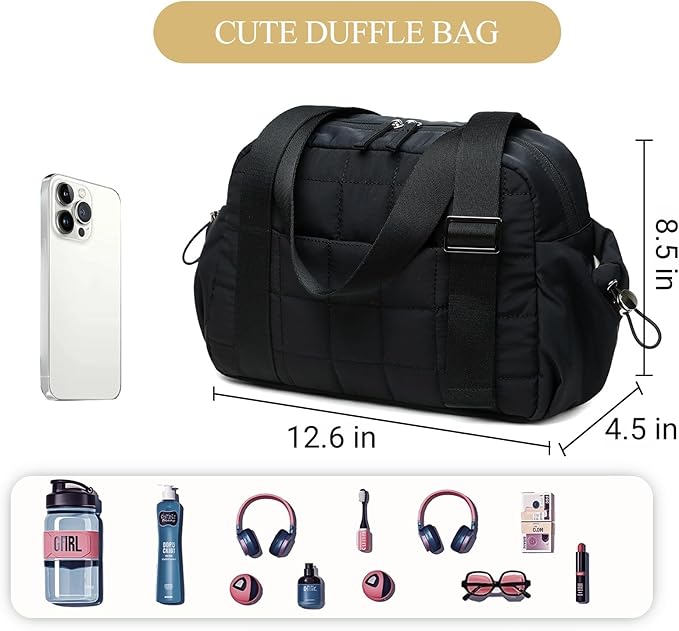 CAMTOP Mini Gym Bag for Women, Small Gym Tote Bag Puffy Quilted Sports Duffel Bag with Wet Compartment and Coin Purse Duffel Bags Dance Yoga Workout Bag for Gifts (All Black, Mini-12.6")