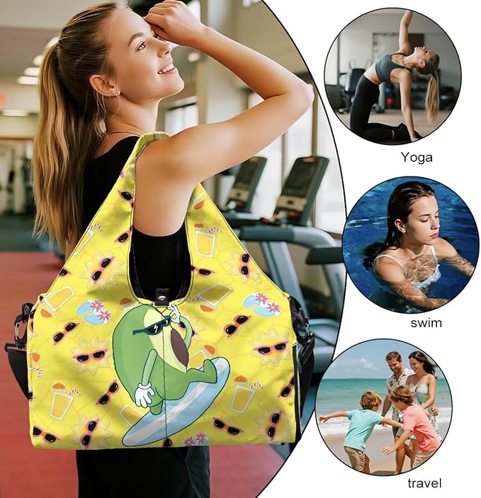 Cute Avocado Print Sports Bag with Shoe Compartment, Lightweight Yellow Duffel Bag with Yoga Holder Pockets Fitness Workout Multi-Functional Black Gym Bag with Wet Pockets