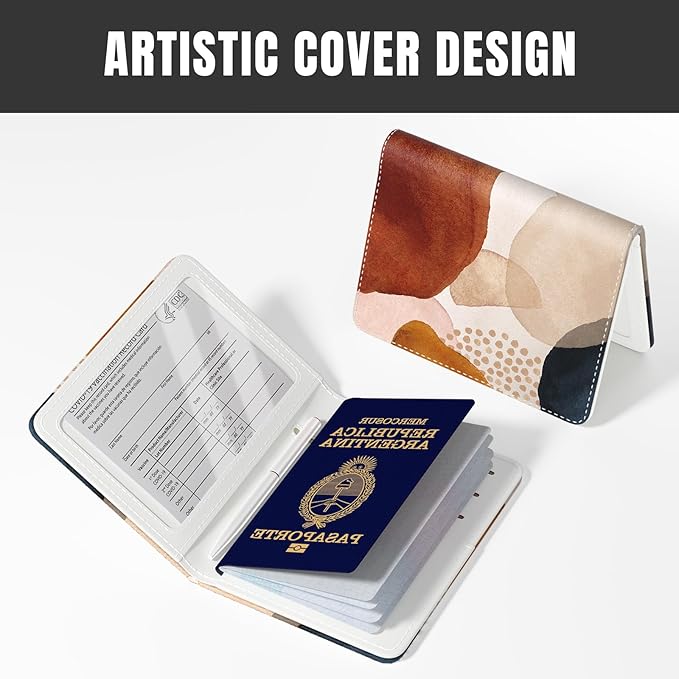 Rimilak Passport Holder, RFID Blocking Passport Cover Wallet Travel Essentials, Leather Travel Air Ticket Documents Organizer Protector for Women and Men, Abstract Art