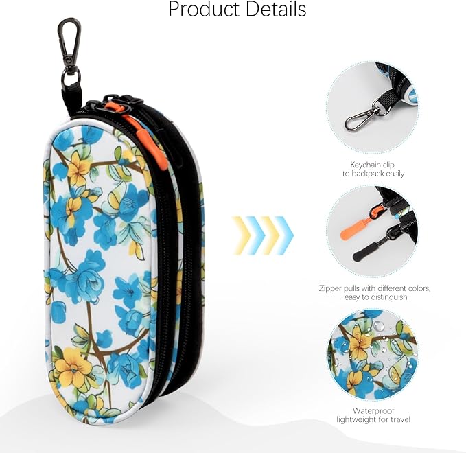 Double Eyeglasses Case Soft Portable Zipper Sunglasses Pouch with Keychain Clip for Men Women