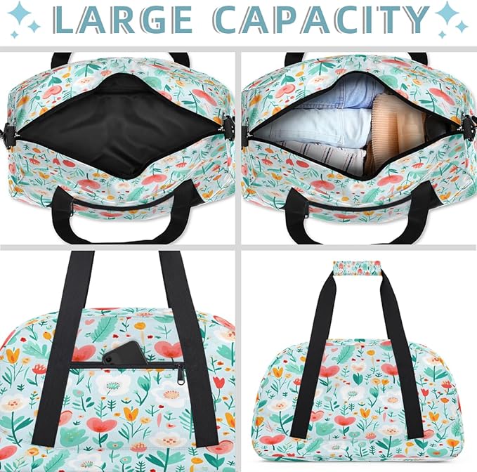 Gym Bag for Women Men, Pink Heart-shaped Flowers Travel Duffle Bags for Dance Ballet Overnight, Carry-On Weekender Bag with Detachable Shoulder Strap