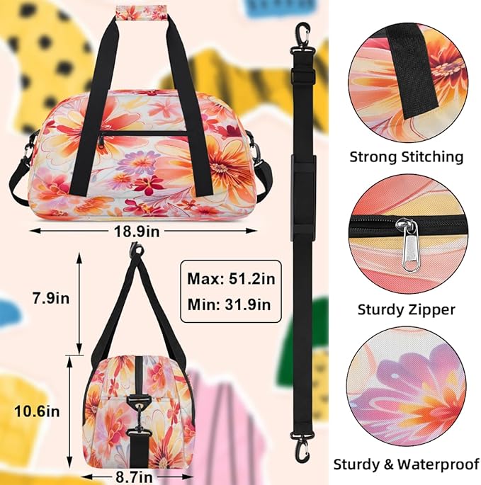 Travel Duffle Bag, Orange Pink Watercolor Blooms Waterproof Weekender Overnight Bags for Women Men Lightweight Carry on Duffle Gym Bag for Travel, Sports, Fitness, Workout