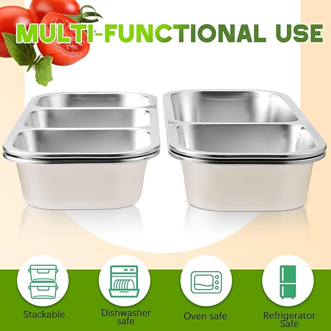 4 Pcs 304 Stainless Steel Lunch Containers Bento Boxes 38oz Salad Multipurpose with 3 and 2 Compartments Winter Party Reusable Large Box with Lids Divided Containers for Snack Dip Sandwich (White)