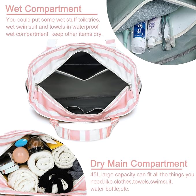 LEDAOU Beach Bag Waterproof Sandproof Women Beach Tote Pool Bag with Zipper for Swim Gym Grocery Travel with Wet Pocket | Sandproof, with Zipper, for Gym, Grocery, Travel, with Wet Pocket