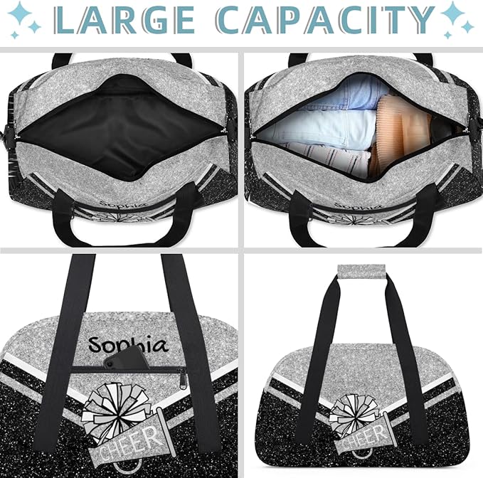 Personalized Silver Glitter Cheer Bag for Cheerleaders, Custom Sport Gym Bag Dance Bag Travel Duffle Bag Cheerleading Gifts for Women