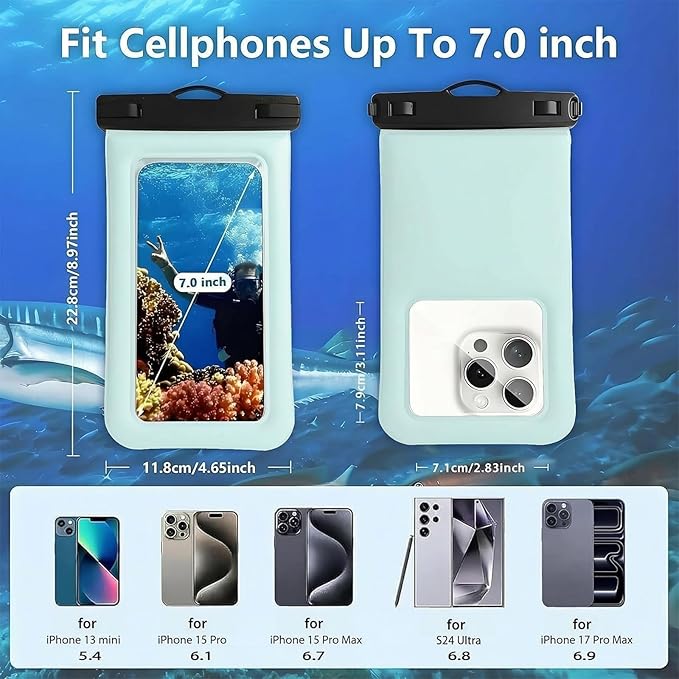 Floatable Soap Bubble Waterproof Phone Pouch/Case with Crossbody Lanyard for iPhone 17 Series 16 Pro Max/15 Pro/14/13/12, IP68 Cellphone Dry Bag Beach Cruise Ship Essentials, 1 Pack-Blue-7″
