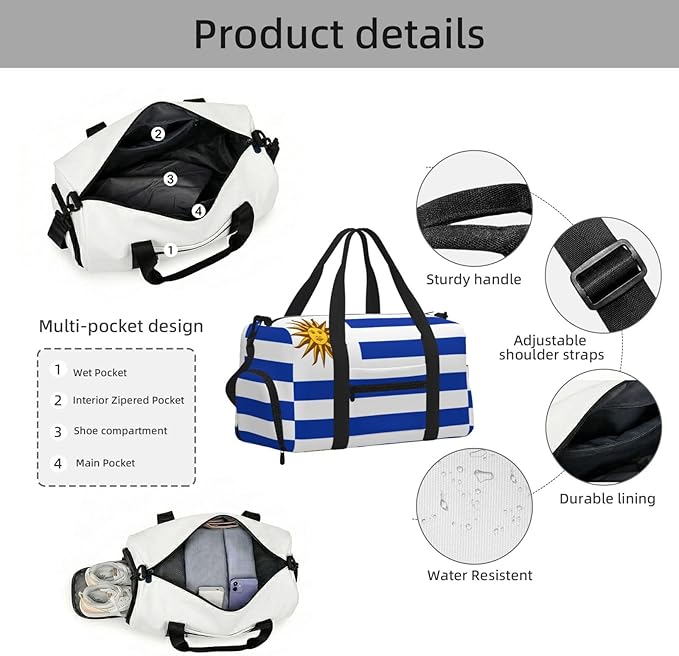 Flag of Uruguay Print Gym Bag with Shoe Compartment for Women Men, 17.7in Sports Duffle Weekender Tote, Overnight Travel Duffel Bag Carry On