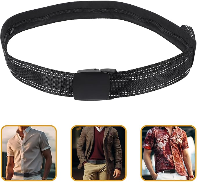 PartyKindom Men's Anti-theft Money Belt with Alloy Buckle, Travel Hidden Waist Belt, Double-line Black Matte Leather for Secure Everyday Use