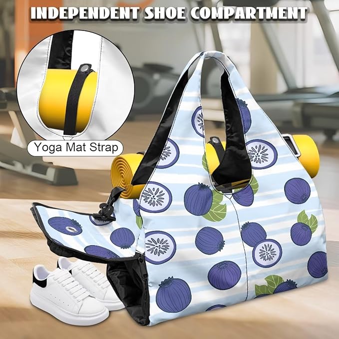Blueberry Print Womens Gym Bag with Yoga Mat Holder and Shoe Compartment, Waterproof Portable Blue Sport Tote Bag for Women with Spacious Wet Pockets Gym Bag for Daily Use