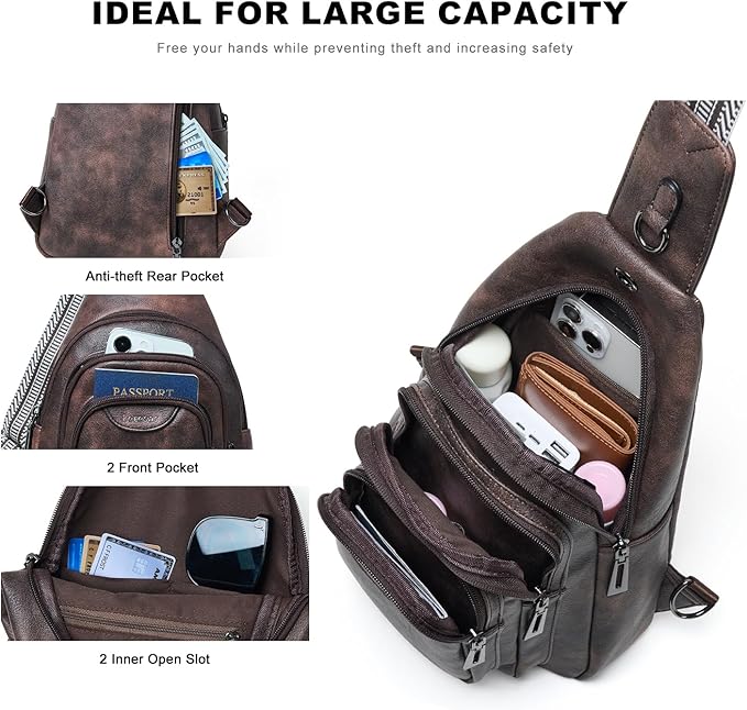 10L Crossbody Sling Bag for Women Men Anti Theft Cross Body Fanny Pack Belt Bag Purse Gifts for Women Faux Leather, Coffee
