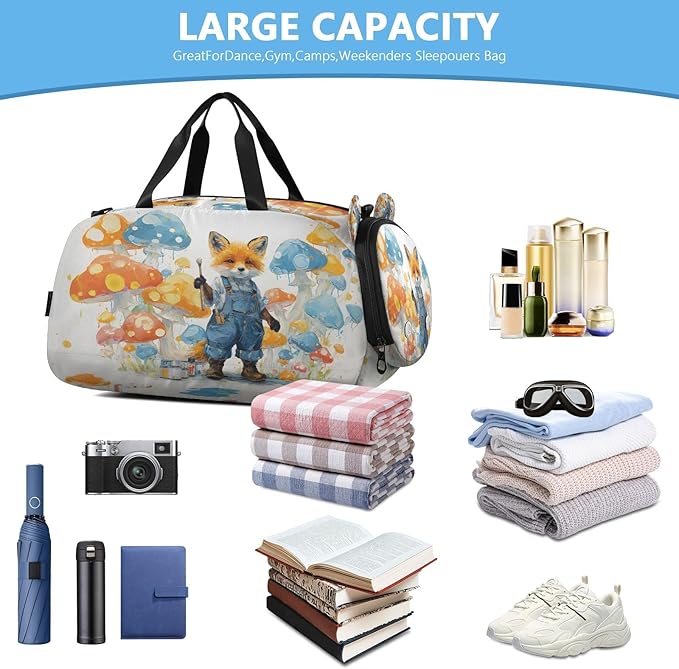 Kids Travel Duffel Bag Overnight Weekender Carry-On Tote Gym Bag with Shoes Compartment Sports School Anthropomorphic Fox in Denim Overalls Painting A Mural Of Polka-dot Mushrooms Lisa Frank Neon Pal
