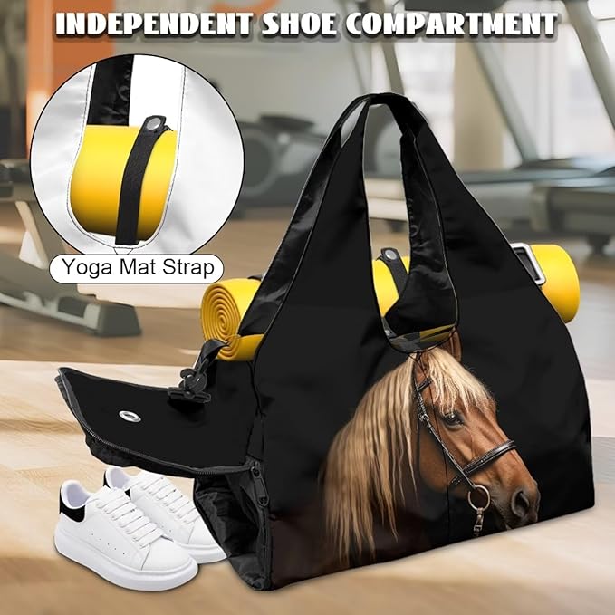 Horse Duffle Bag with Shoe Compartment for Men Sports Duffel Bag with Yoga Mats Holder Multiple Pockets Workout Bag with Adjustable Shoulder Strap Lightweight Bags for Gym Travel Weekender