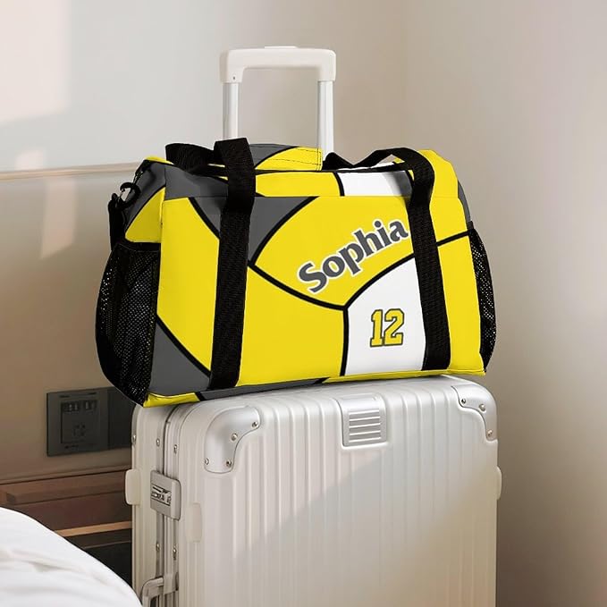 Custom Volleyball Yellow Duffel Bag with Name Personalized Travel Bags Sport Gym Bag Carry On Weekender Bags for Men Women