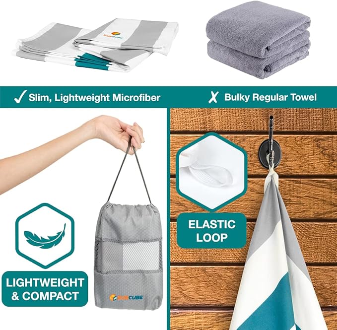 SUN CUBE Microfiber Beach Towel, Quick Dry Sand Free Beach Towel, Lightweight Compact Travel Swim Towel for Pool, Camping, Sand Resistant Packable Adult Towel - Light Grey 60x30 Inches