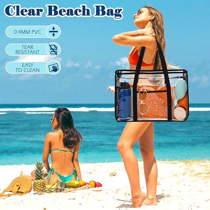 Clear Beach Bag for Women, Large Pool Tote Cruise Vacation Essentials - Zipper Closure, Waterproof, Sandproof