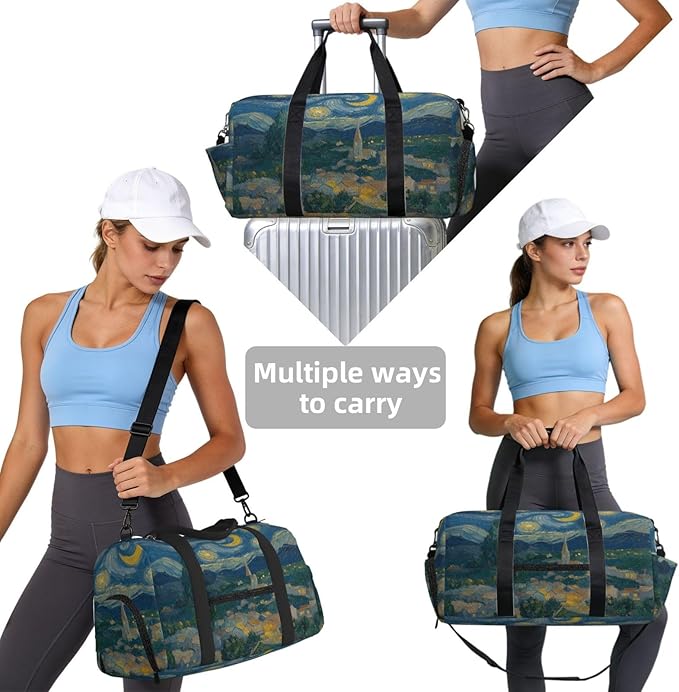 Sports Gym Bag Oil Painting Starry Art Travel Duffel Bag With Shoe Compartment Shoulder Strap, Lightweight Water-Resistant Weekend Overnight Totes For Women Men