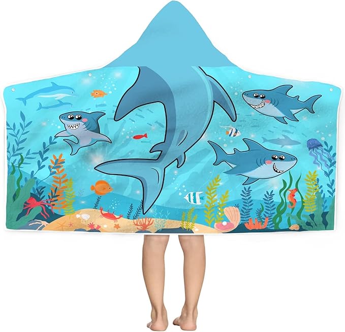 Bonsai Tree Shark Hooded Beach Towel for Kids, Cool Ocean Fishes Bath Towel with Hood for Boys, Funny Sea Animals Microfiber Super Absorbent Soft Poncho Bathrobe for Swin Pool 30”x50”