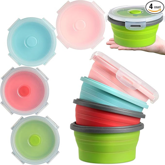 Suclain 4 Pcs Collapsible Bowls with Lids Silicone Camping Food Storage Container Expandable Folding Salad Lunch Box Travel Container for Hiking Camping
