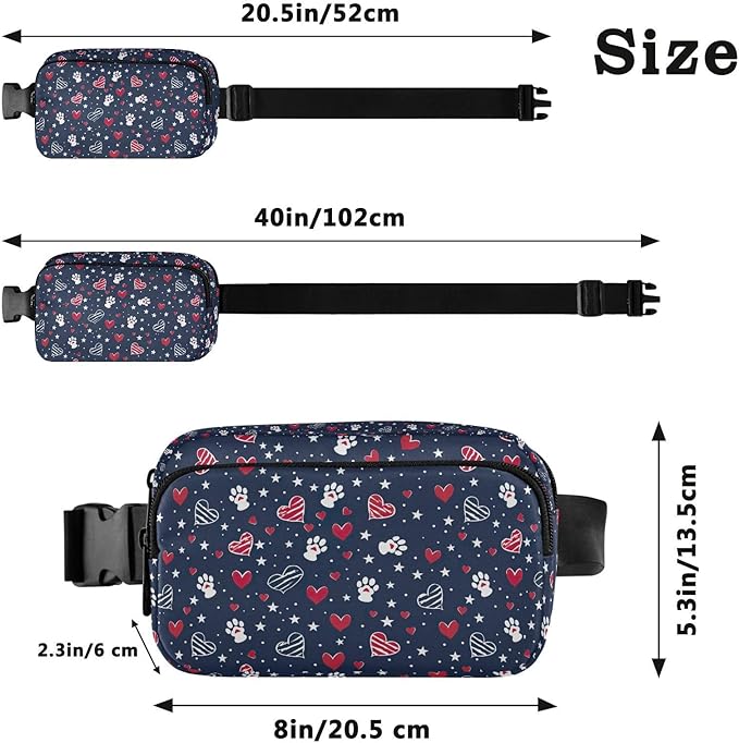 American Patriotic Star Heart Dog Paw Fanny Pack for Women Men Water Resistant Fashion Waist Packs with Adjustable Strap Belt Bag for Travel Workout Jogging Hiking 21219446
