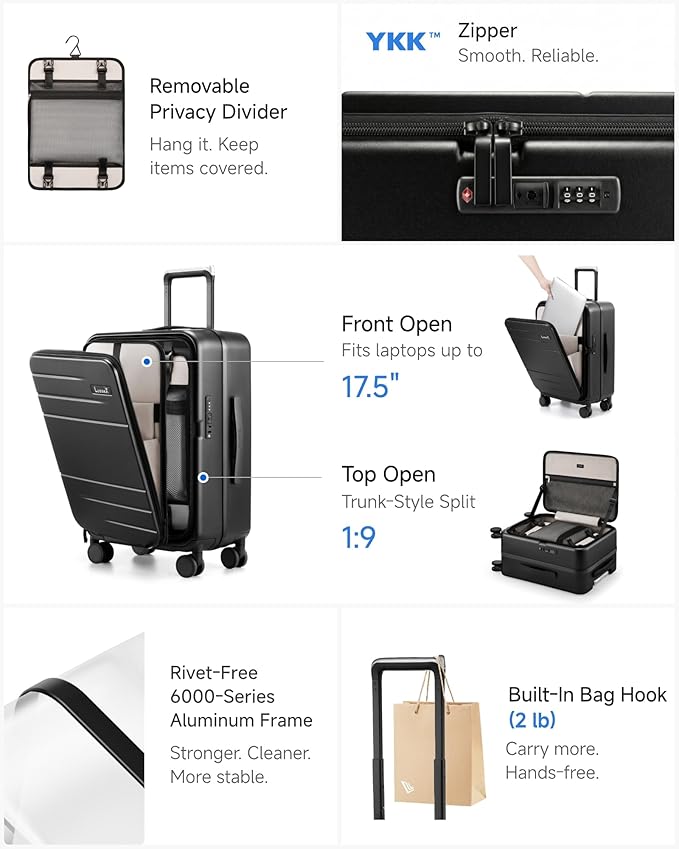 LUGGEX Carry On Luggage Top Opening & Front Opening, FLP Aluminum Frame Trunk Style Luggage with Front Laptop Pocket, Polycarbonate Hard Shell Suitcase (FX- Enhance, Blue, 21 Inch, 38L)
