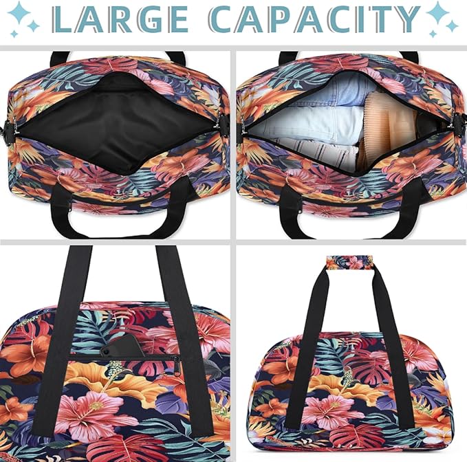 Travel Duffle Bag, Navy Tropical Flower Waterproof Weekender Overnight Bags for Women Men Lightweight Carry on Duffle Gym Bag for Travel, Sports, Fitness, Workout