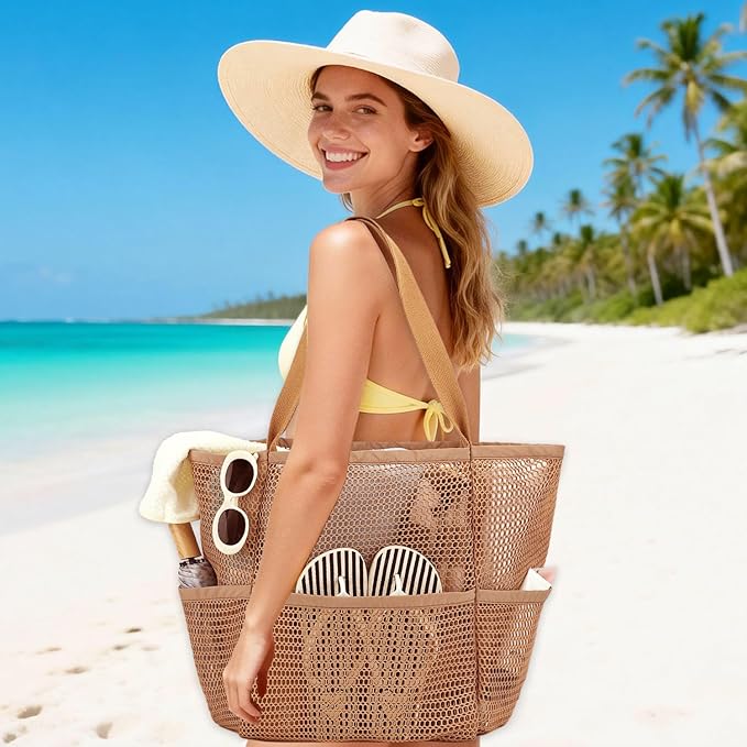 Beach Bag for Women with Outer Pocket, Waterproof Large Tote Bag for Cruise Essentials