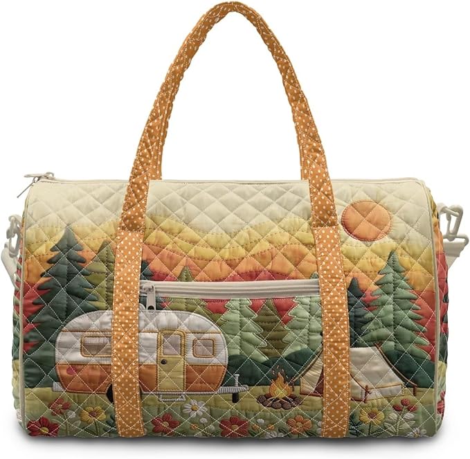 COEQINE Print Quilted Travel Duffle Bag For Women,Orange Car Camper Forest Print Quilted Tote Bag Large Car Weekend Bag with Zipper Pocket Dance Bag Organizer