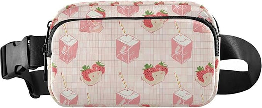 Kawaii Strawberry Milk Fanny Pack for Women Men Water Resistant Fashion Waist Packs with Adjustable Strap Belt Bag for Travel Workout Jogging Hiking 21219050