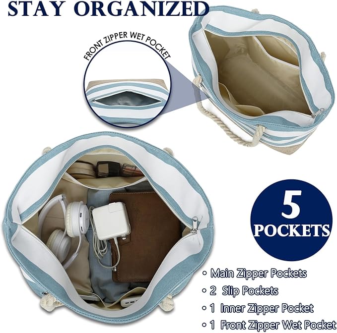 Fammart Beach Bags Waterproof Sandproof for Women, Large Canvas Pool Bag with Leakproof Wet Pocket & Zipper Cruise Essentials