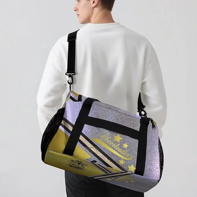 Personalized Cheerleaders Golden Silver Sparkle Print Duffle Bag with Name for Women Man Tote Bag Custom Travel Perform Training Bag Gym Bags