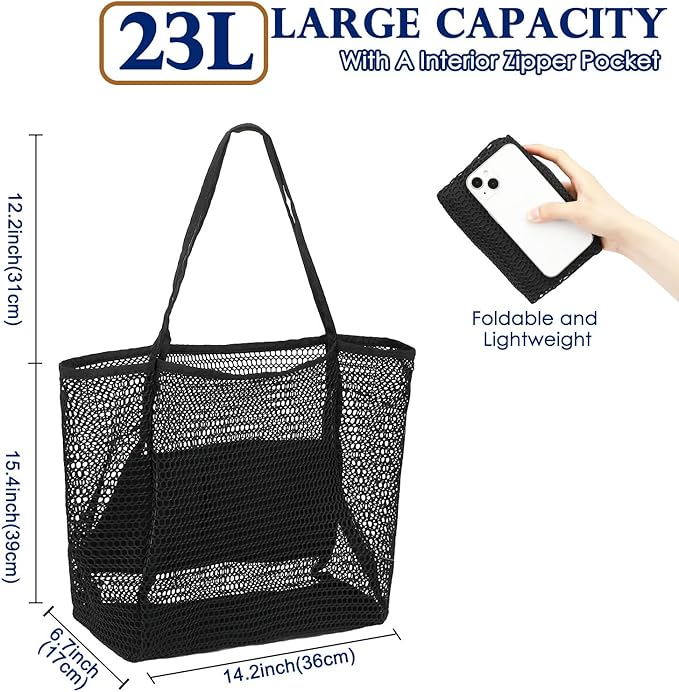 Mesh Beach Bag, Large Beach Tote with Zipper Pocket, Toys Pool Bag for Family Travel Vacation Cruise Essentials