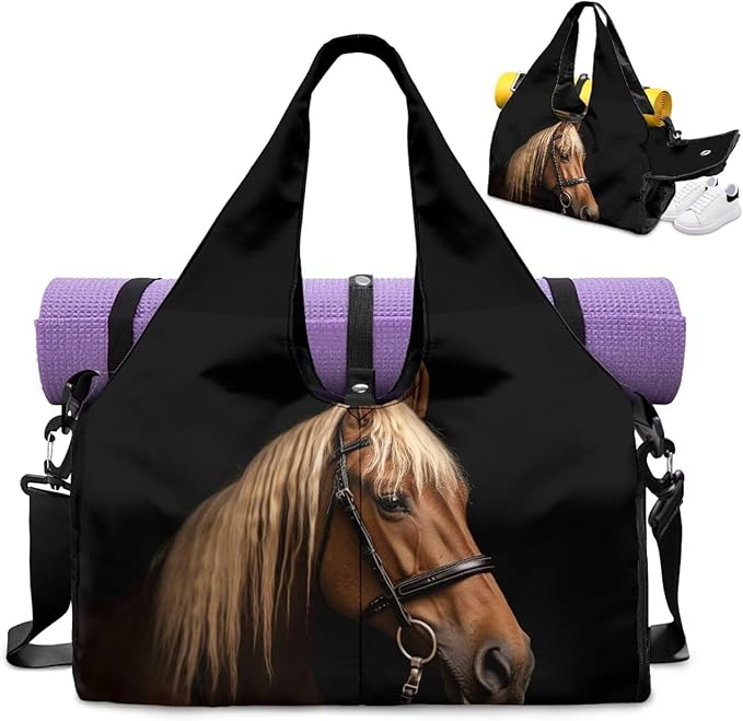 Horse Duffle Bag with Shoe Compartment for Men Sports Duffel Bag with Yoga Mats Holder Multiple Pockets Workout Bag with Adjustable Shoulder Strap Lightweight Bags for Gym Travel Weekender
