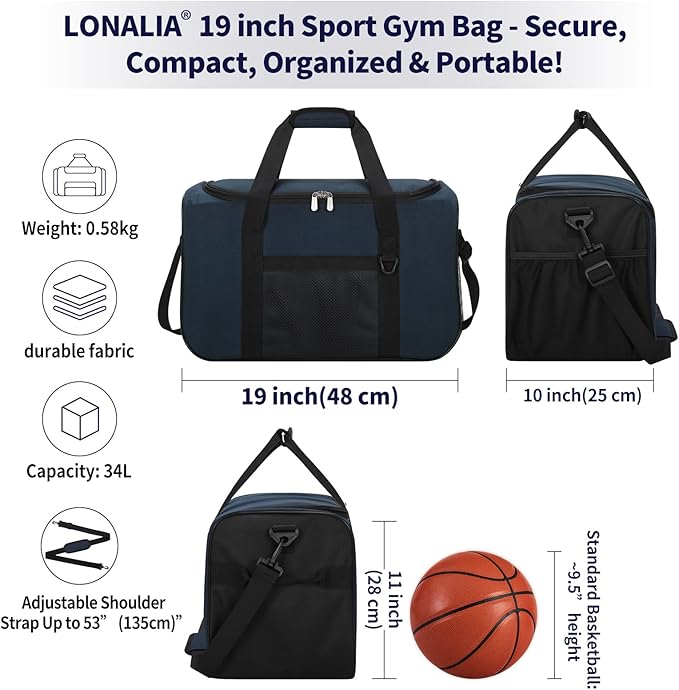 35L Sports Gym Duffle Bag - 19 inch Weekender Duffel for Workout, Basketball, Fitness, Training (Navy Blue)