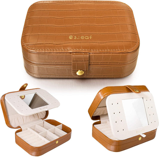 S.Leaf Travel Jewelry Organizer Travel Jewelry Boxes for Women Small Jewelry Travel Case Box Portable Travel Jewelry Case Travel Case Mini Jewelry (15_Crocodile_Brown_Big)