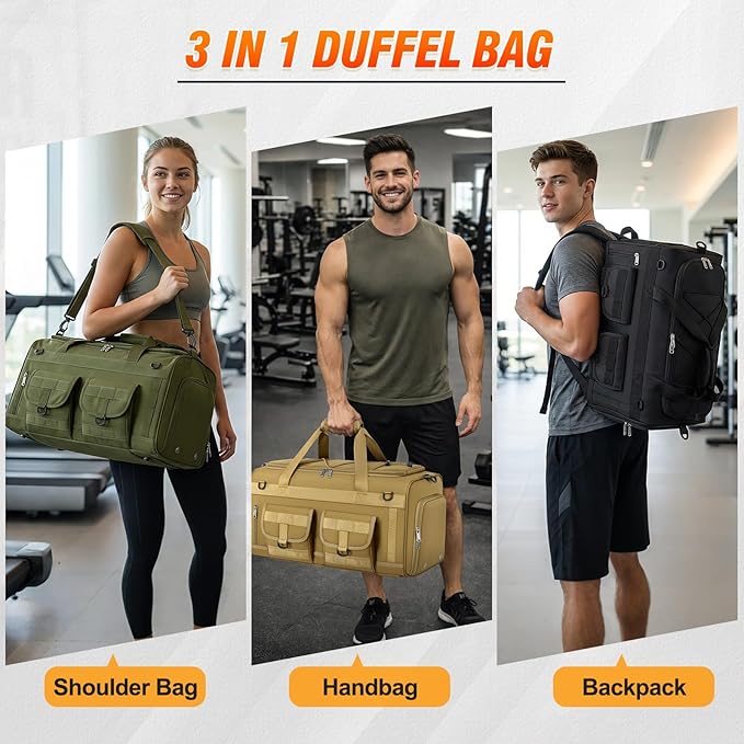 RAINSMORE 3 in 1 Gym Bag for Men, 45L Large Sports Duffle Bag with Shoe Compartment and Wet Pocket, Water-Resistant Tactical Backpack Carry On for Travel, Workout & Military Gear, Khaki