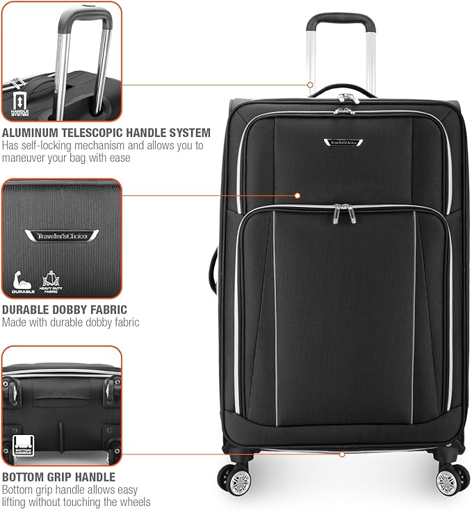 Traveler's Choice Lares Softside Expandable Luggage with Spinner Wheels, Black, 2 Piece Luggage Set