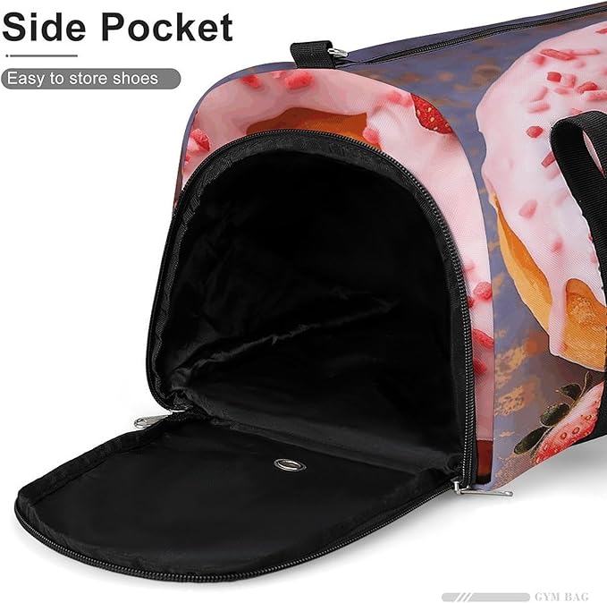Strawberry Donut Gym Bag Lightweight ，Travel Duffle Bag with Shoe Compartment，Gym Bag for Women for Overnight, Weekend, Yoga, Gym, Business Trips, Sport And Hospital.