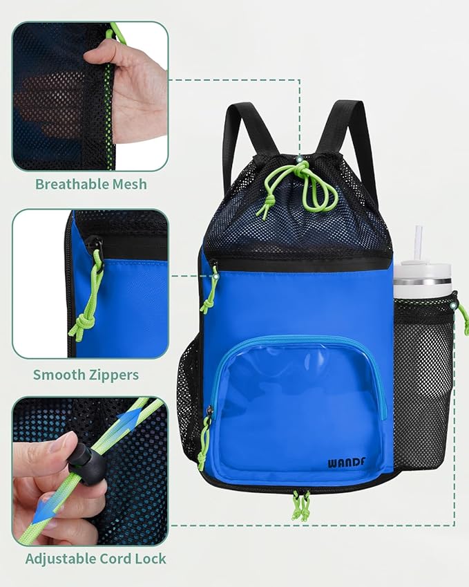 WANDF Swim Bag with Wet Pockets, Sandproof Beach Backpack with 40oz Tumbler Side Pockets, Mesh Drawstring Backpack Swim Bag for Swimming, Pool, Gym and Workout Gear (Blue)