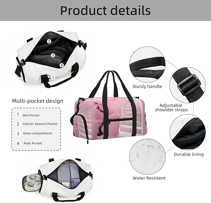 Cherry blossom white staircase Print Gym Bag with Shoe Compartment for Women Men, 17.7in Sports Duffle Weekender Tote, Overnight Travel Duffel Bag Carry On