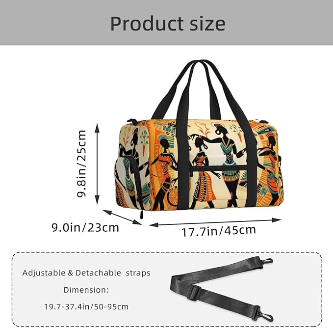 Sports Gym Bag Dancing African Women Ethnic Pattern Travel Duffel Bag With Shoe Compartment Shoulder Strap, Lightweight Water-Resistant Weekend Overnight Totes For Women Men