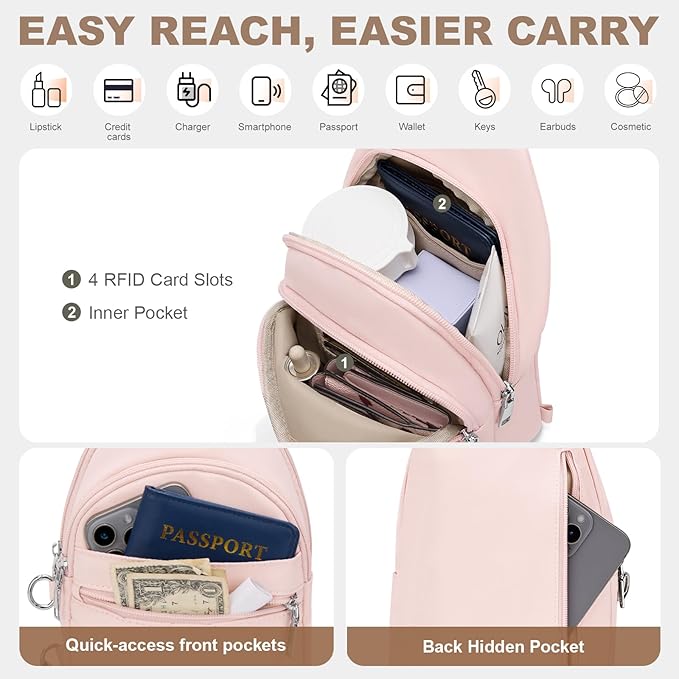 Sling Bag for Women, Anti-Theft RFID Crossbody Bag Nylon Sling Purse for Travel, Puffy Small backpack for Daily Hiking Sports Pink