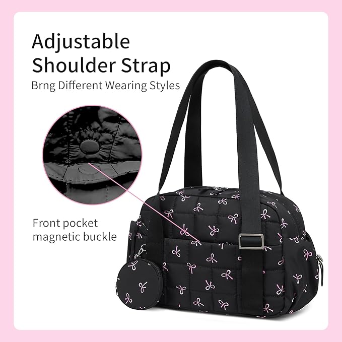 CAMTOP Mini Gym Bag for Women, Small Gym Tote Bag Puffy Quilted Sports Duffel Bag with Wet Compartment and Coin Purse Duffel Bags Dance Yoga Workout Bag for Gifts (Black Pink Bow, Mini-12.6")