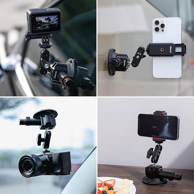 UURig SC-01 Suction Mount 3" for Vlogging Action Camera Car w Smartphone Clamp Compatible with DJI OSMO Pocket 3/OSMO 360/Insta 360 x5/Xtra/iPhone 17 16 15 14Pro Max, 1/4" Magic Arm Windshield Window